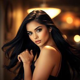 A beautiful woman with long black hair, striking a confident pose, wearing a stylish outfit that showcases her elegance