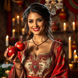 A stunningly beautiful woman dressed in exquisite Achaemenid period clothing, adorned with intricate patterns and vibrant colors, holding a fresh pomegranate in her hand
