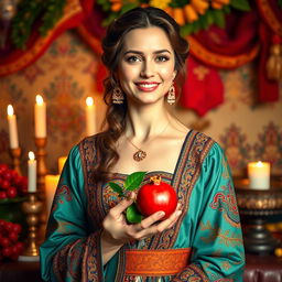 A stunningly beautiful woman dressed in exquisite Achaemenid period clothing, adorned with intricate patterns and vibrant colors, holding a fresh pomegranate in her hand