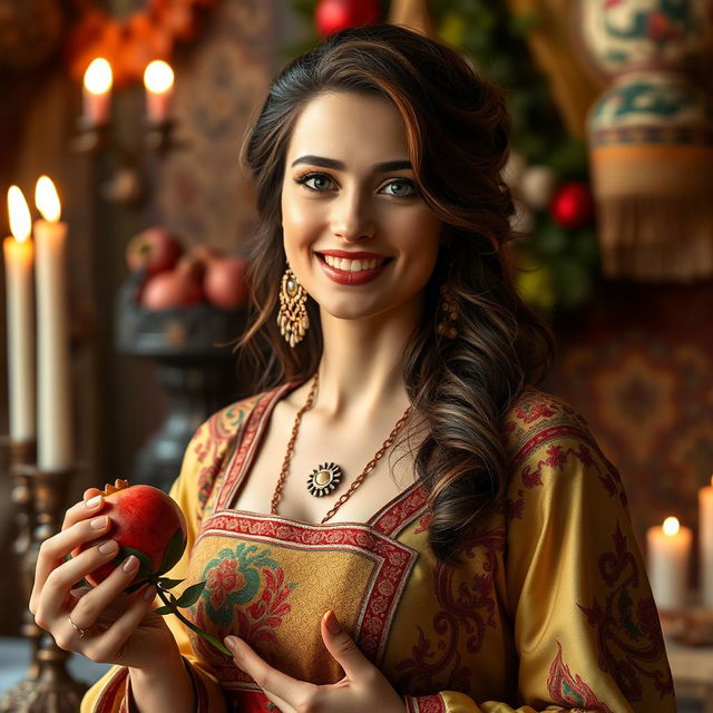 A stunningly beautiful woman dressed in exquisite Achaemenid period clothing, adorned with intricate patterns and vibrant colors, holding a fresh pomegranate in her hand