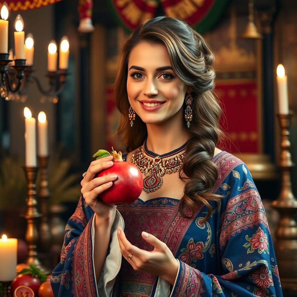 A stunningly beautiful woman dressed in exquisite Achaemenid period clothing, adorned with intricate patterns and vibrant colors, holding a fresh pomegranate in her hand