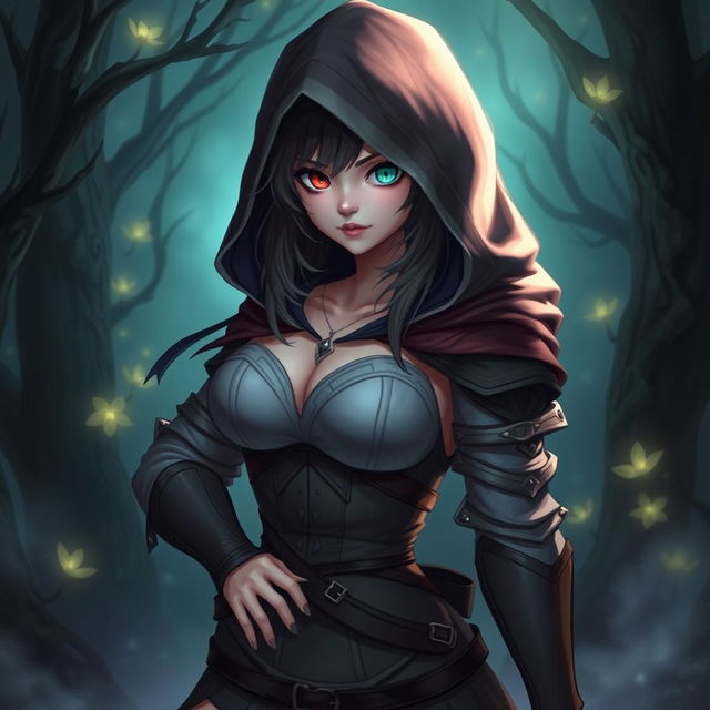 A fantasy character inspired by a rogue archetype, featuring a teenage female with a stunning busty silhouette