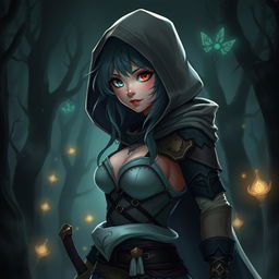 A fantasy character inspired by a rogue archetype, featuring a teenage female with a stunning busty silhouette