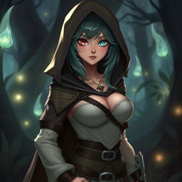 A fantasy character inspired by a rogue archetype, featuring a teenage female with a stunning busty silhouette