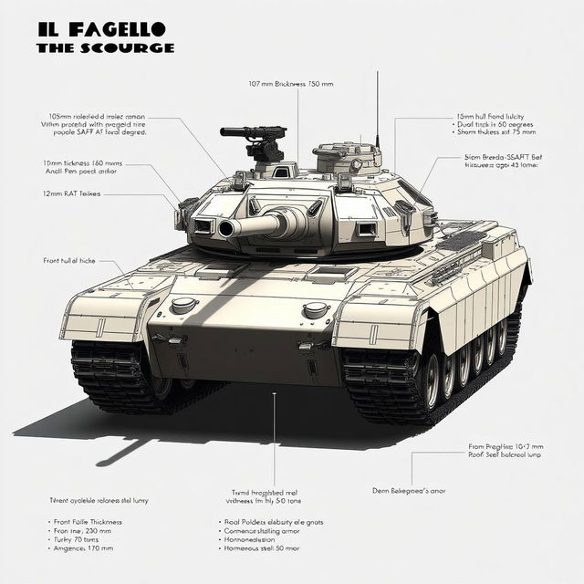 An intricate design of a heavy tank named 'Il Flagello' (The Scourge), showcasing its advanced features and formidable specifications