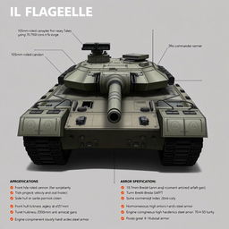 An intricate design of a heavy tank named 'Il Flagello' (The Scourge), showcasing its advanced features and formidable specifications