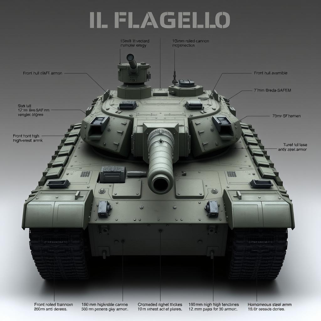 An intricate design of a heavy tank named 'Il Flagello' (The Scourge), showcasing its advanced features and formidable specifications