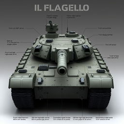 An intricate design of a heavy tank named 'Il Flagello' (The Scourge), showcasing its advanced features and formidable specifications