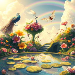 A vibrant and whimsical fantasy landscape featuring a surreal floating garden in the sky, with colorful oversized flowers and lush greenery