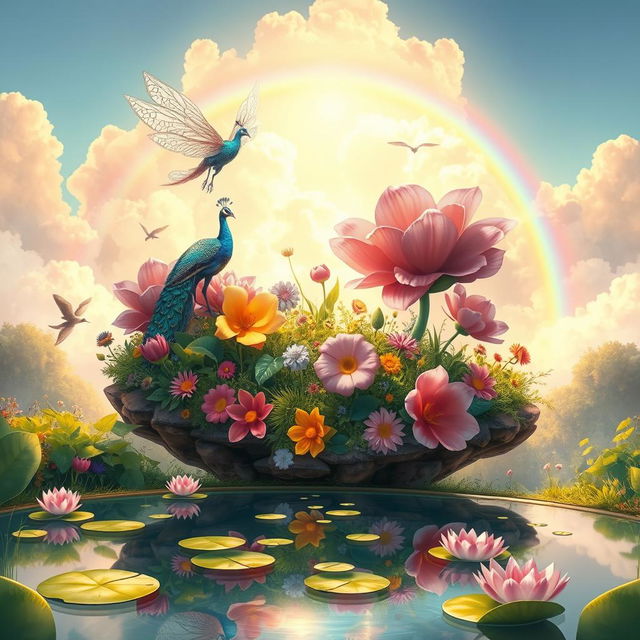 A vibrant and whimsical fantasy landscape featuring a surreal floating garden in the sky, with colorful oversized flowers and lush greenery