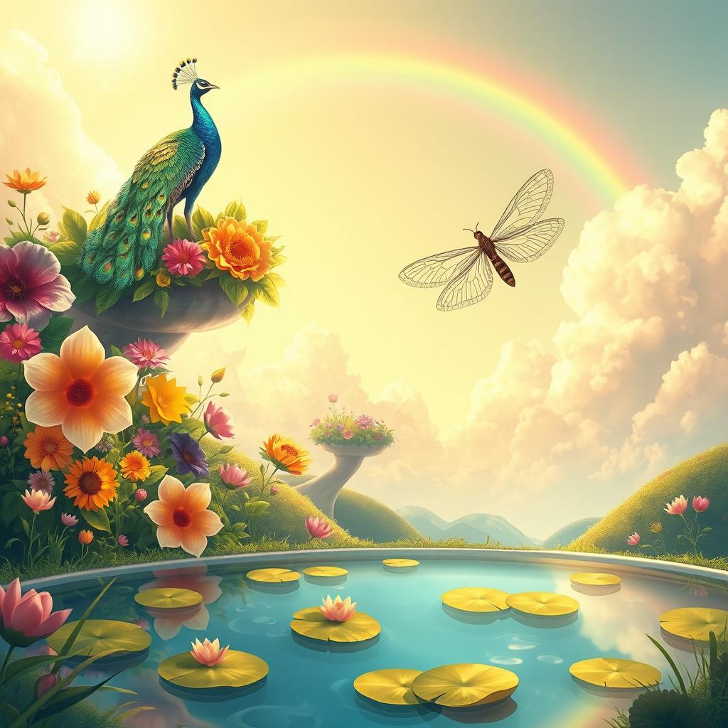 A vibrant and whimsical fantasy landscape featuring a surreal floating garden in the sky, with colorful oversized flowers and lush greenery