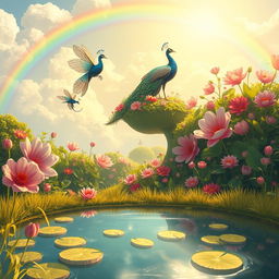 A vibrant and whimsical fantasy landscape featuring a surreal floating garden in the sky, with colorful oversized flowers and lush greenery