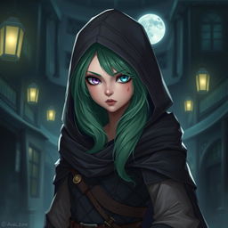 A fantasy character inspired by a rogue archetype, featuring a human with striking heterochromia: one eye lavender and the other mint green