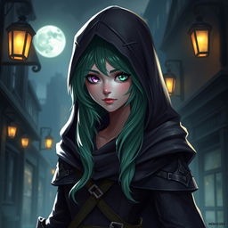 A fantasy character inspired by a rogue archetype, featuring a human with striking heterochromia: one eye lavender and the other mint green