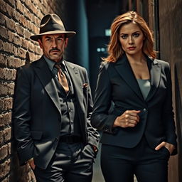 A captivating scene featuring a rugged, charismatic male mafioso, dressed in a tailored dark suit with a stylish fedora, exuding an air of confidence and danger