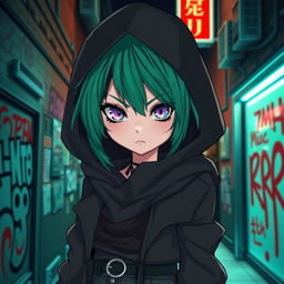 An emo-inspired rogue character featuring human heterochromia: one eye lavender and the other mint green