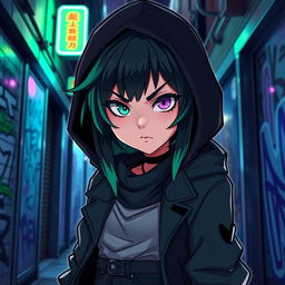 An emo-inspired rogue character featuring human heterochromia: one eye lavender and the other mint green