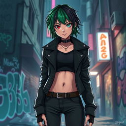 An emo-inspired rogue character featuring a busty human with striking heterochromia, showcasing one eye in a vibrant color and the other in a contrasting shade