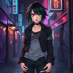 An emo-inspired rogue character featuring a busty human with striking heterochromia, showcasing one eye in a vibrant color and the other in a contrasting shade