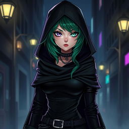 A striking emo-inspired rogue character, featuring a busty human with captivating heterochromia—one eye a vibrant lavender and the other a unique mint green