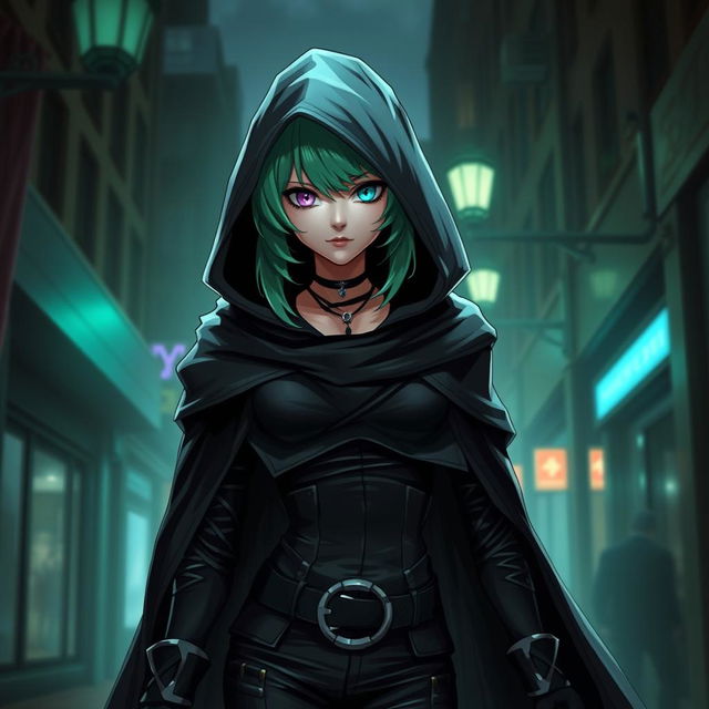 A striking emo-inspired rogue character, featuring a busty human with captivating heterochromia—one eye a vibrant lavender and the other a unique mint green