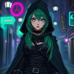 A striking emo-inspired rogue character, featuring a busty human with captivating heterochromia—one eye a vibrant lavender and the other a unique mint green
