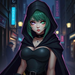 A striking emo-inspired rogue character, featuring a busty human with captivating heterochromia—one eye a vibrant lavender and the other a unique mint green