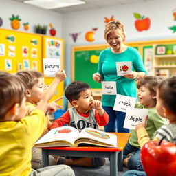 A vibrant classroom scene depicting a group of young children engaged in learning
