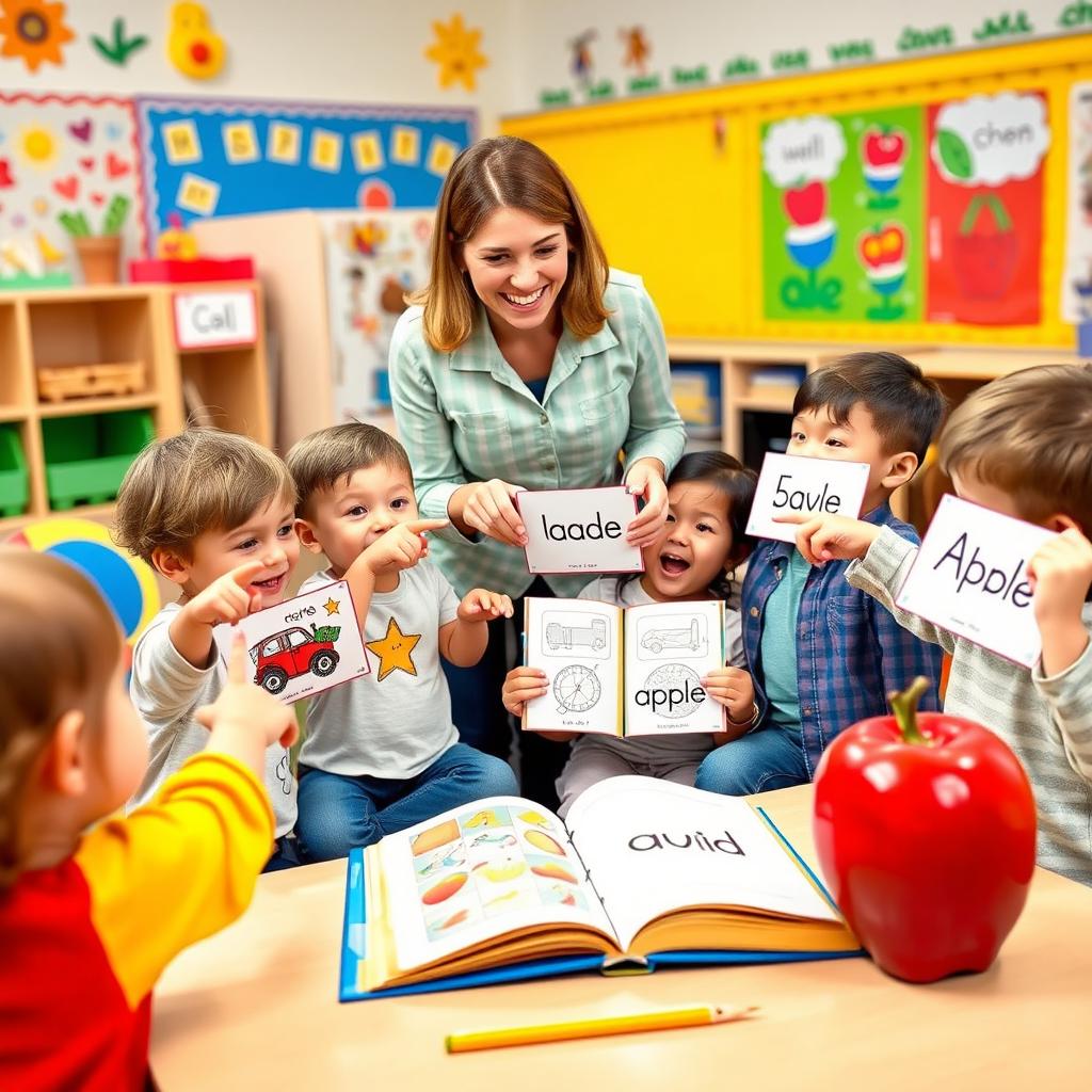 A vibrant classroom scene depicting a group of young children engaged in learning