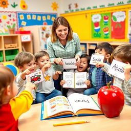 A vibrant classroom scene depicting a group of young children engaged in learning