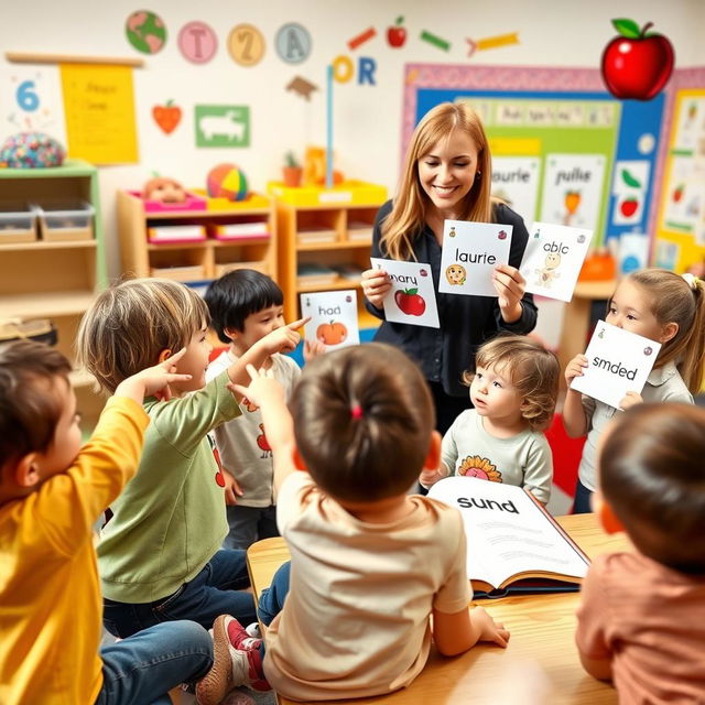 A vibrant classroom scene depicting a group of young children engaged in learning