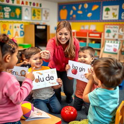 A vibrant classroom scene depicting a group of young children engaged in learning