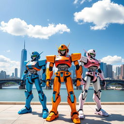 Three colorful robots, one orange, one blue, and one pink, standing proudly in front of a stunning city skyline