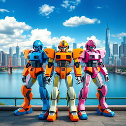 Three colorful robots, one orange, one blue, and one pink, standing proudly in front of a stunning city skyline