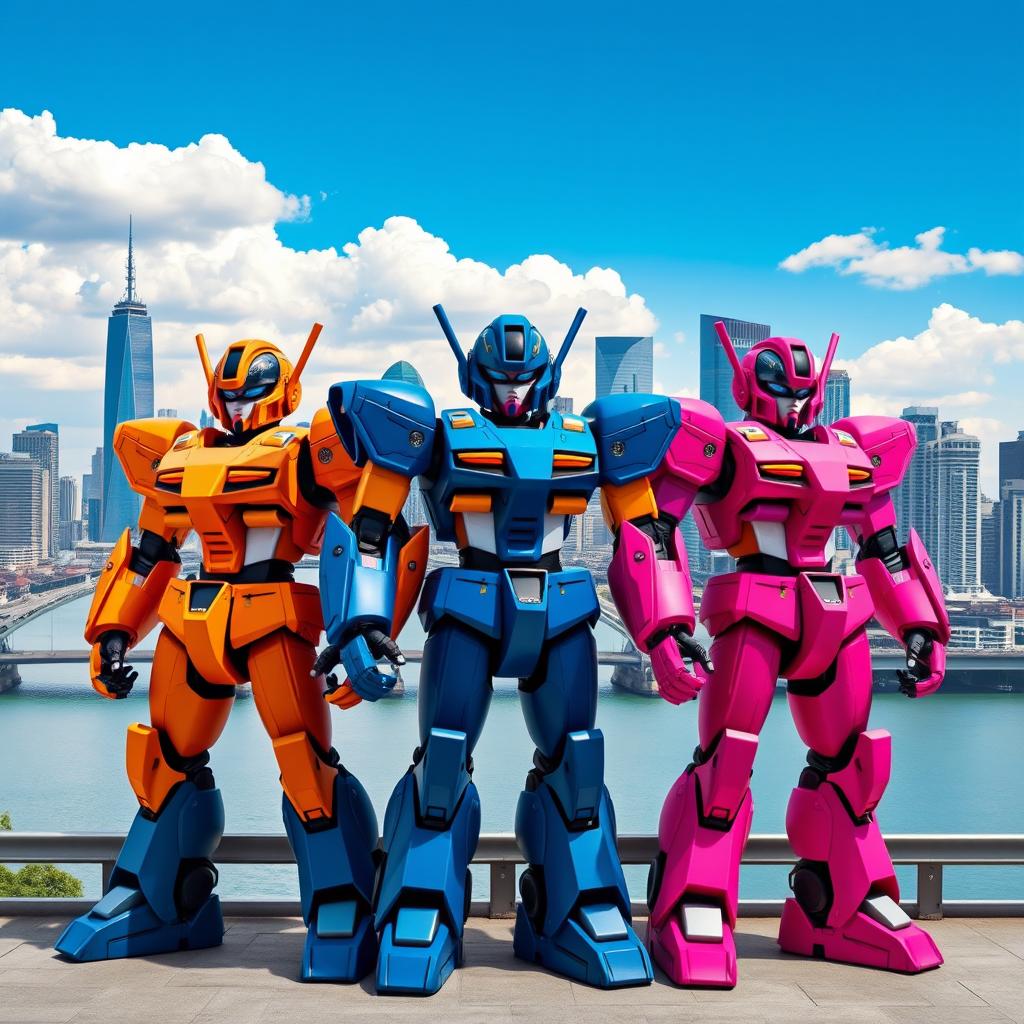 Three colorful robots, one orange, one blue, and one pink, standing proudly in front of a stunning city skyline