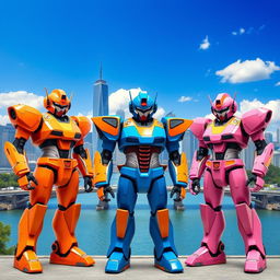 Three colorful robots, one orange, one blue, and one pink, standing proudly in front of a stunning city skyline