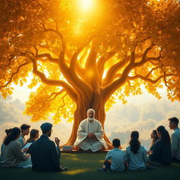 A majestic golden tree with shimmering leaves that radiate warmth, standing tall in a serene landscape