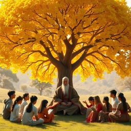 A majestic golden tree with shimmering leaves that radiate warmth, standing tall in a serene landscape