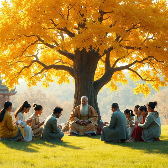 A majestic golden tree with shimmering leaves that radiate warmth, standing tall in a serene landscape