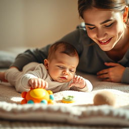 A heartwarming scene of a baby, approximately two to three weeks old, lying on a soft play area, exploring safe and gentle toys with their tiny hands