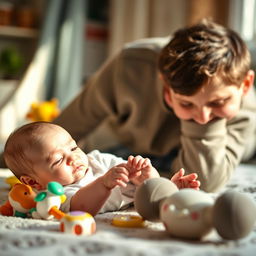 A heartwarming scene of a baby, approximately two to three weeks old, lying on a soft play area, exploring safe and gentle toys with their tiny hands