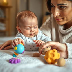 A heartwarming scene of a baby, approximately two to three weeks old, lying on a soft play area, exploring safe and gentle toys with their tiny hands