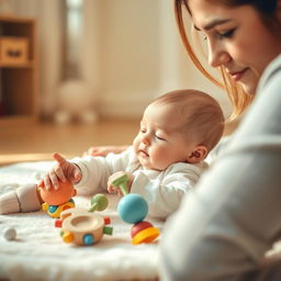 A heartwarming scene of a baby, approximately two to three weeks old, lying on a soft play area, exploring safe and gentle toys with their tiny hands