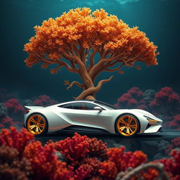 A digital art piece featuring a futuristic car at the center of the image
