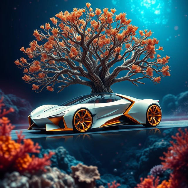 A digital art piece featuring a futuristic car at the center of the image