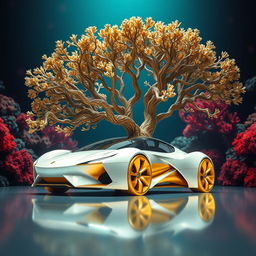 A digital art piece featuring a futuristic car at the center of the image