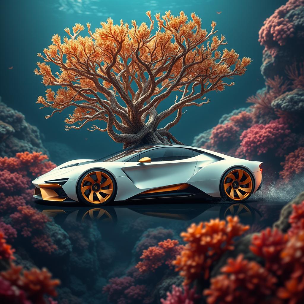 A digital art piece featuring a futuristic car at the center of the image