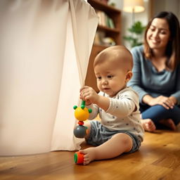 A charming scene of a small child sitting on the floor of a cozy room, gently tugging at a tablecloth hanging from the table