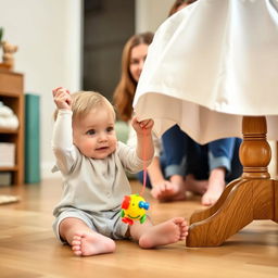 A charming scene of a small child sitting on the floor of a cozy room, gently tugging at a tablecloth hanging from the table