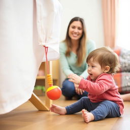 A charming scene of a small child sitting on the floor of a cozy room, gently tugging at a tablecloth hanging from the table
